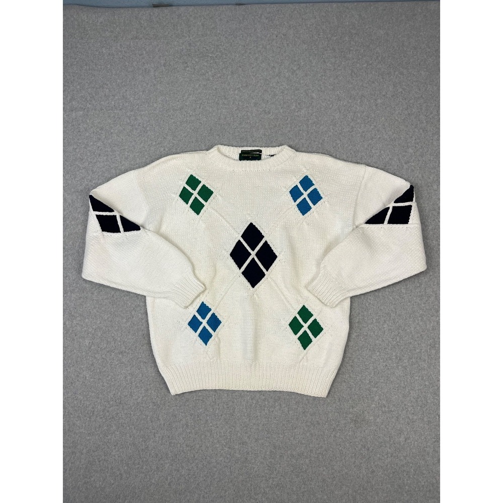 Vintage Embassy Row Sweater‎ Mens M White Argyle Diamond 90s Crew Neck Fisherman